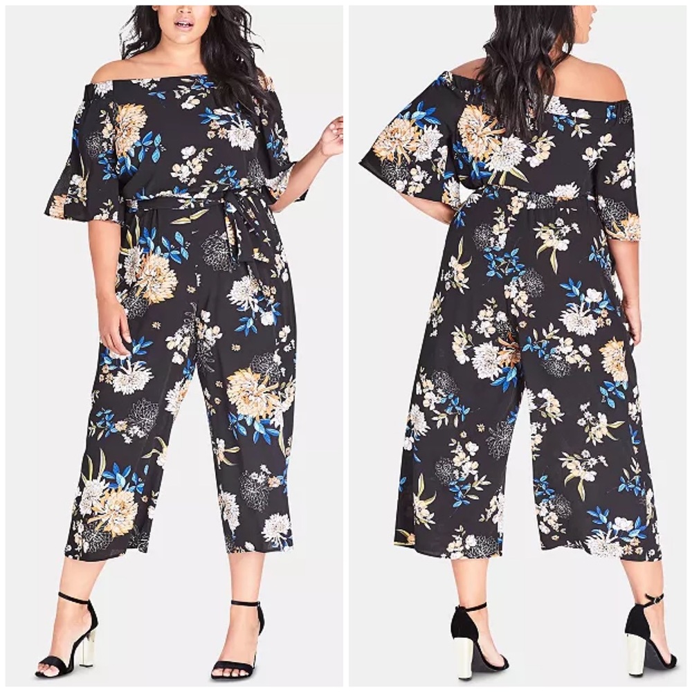 City Chic Azalea Floral Jumpsuit Off the Shoulder Size 16 Black Floral Plus Size